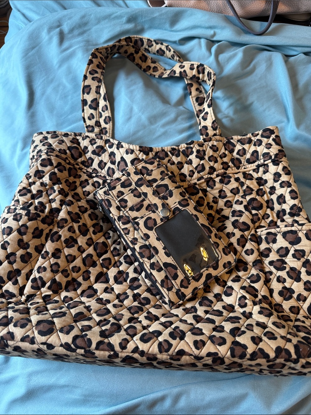 Quilted Vera Bradley Leopard Print Tote Bag with Matching Card Wallet - Brown